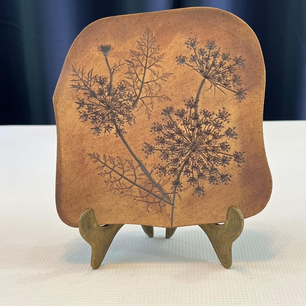 Vintage Handmade Studio Pottery Queen Anne's Lace Botanical Wall Plaque Signed
